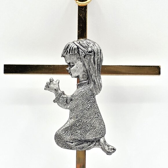 Wall Cross Crucifix with Pewter Praying Child Gold Toned Brass Baptism Gift 6 In - Picture 2 of 6